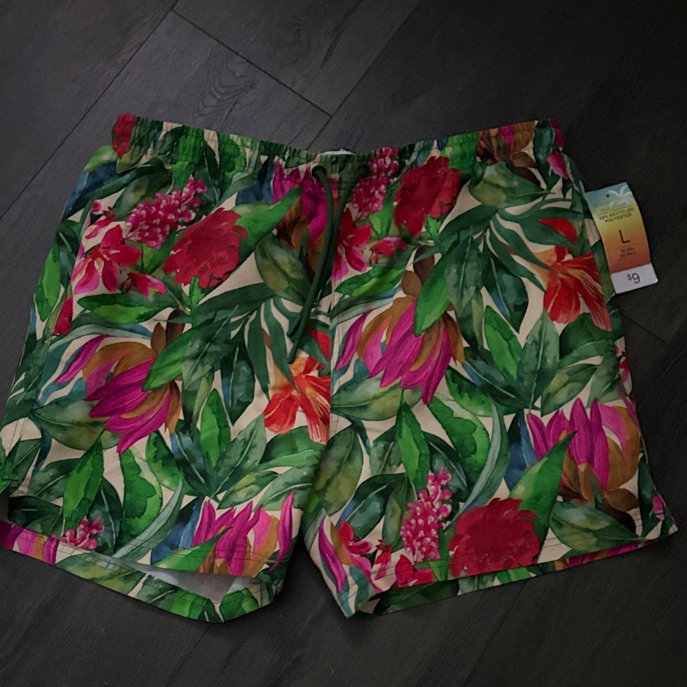 Tropical Floral Drawstring Shorts - Green, Pink, Red